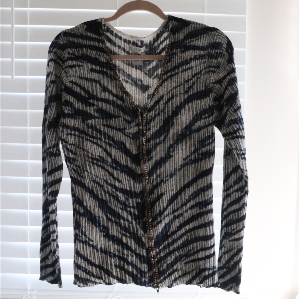 Cache vintage Zipper Zebra Print Long Sleeve Blouse